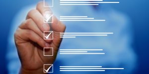 Survey form, check marks on checklist, filling online form and answering questions concept background.
