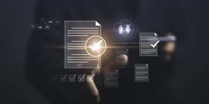 Digital checklist or Document Management System (DMS) concept. Businessman tick correct at checkbox sign for online approve and automated processes in file storage in digital cloud.