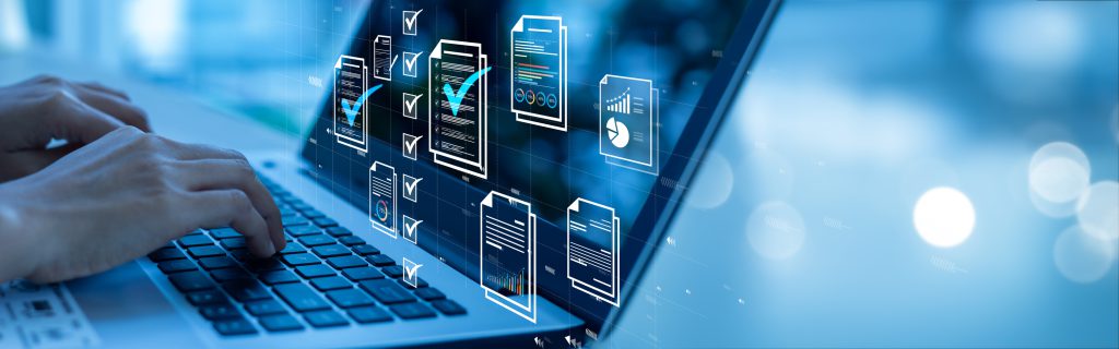 Document management concept, check electronic documents on digital documents on virtual screen Document Management System and process automation to efficiently document paperless operate