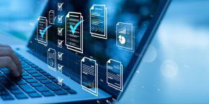 Document management concept, check electronic documents on digital documents on virtual screen Document Management System and process automation to efficiently document paperless operate