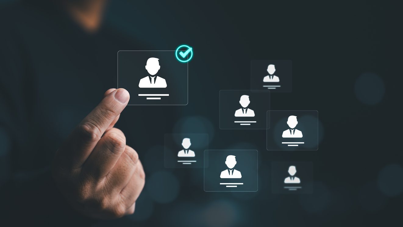 Human resources management concept. Headhunters recruit employees using candidate resumes displayed on a virtual screen. Employee information, job applicants, and staff icons for HR recruitment.