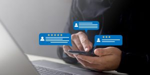 Customer review satisfaction feedback survey concept,User give rating to service experience on online application, Customer can evaluate quality of service leading to reputation ranking of business.