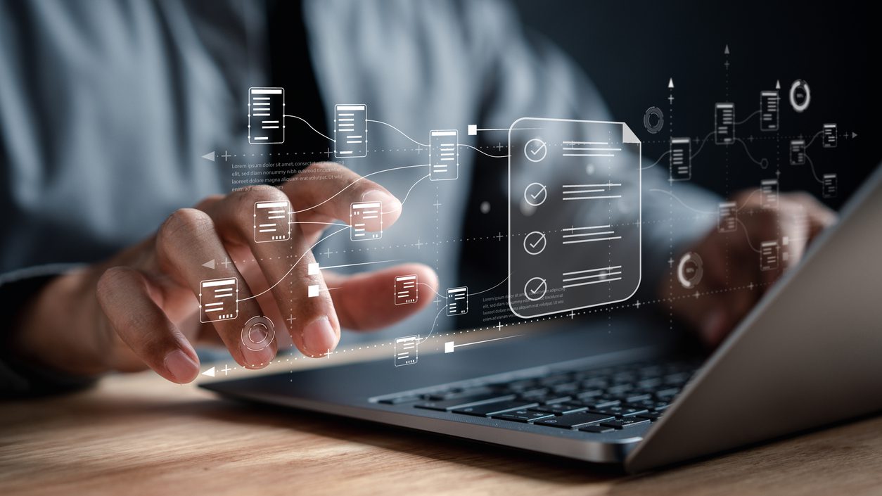 Data analysis of document ai artificial intelligence process with technology processor to planning business information data, tech, network corporate concept.