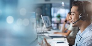 Crm, mockup or man in a telemarketing call center helping, talking or networking online via microphone. Contact support, consultant or insurance agent in communication at customer services or sales