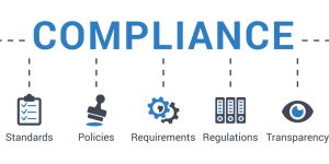 Corporate compliance infographic concept vector illustration with keywords and icons