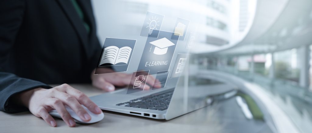 Concept of Online education. man use Online education training and e-learning webinar on internet for personal development and professional qualifications. Digital courses to develop new skills.