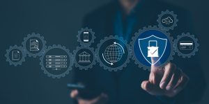 Cybersecurity Management and Data Protection Concept. Showcasing a cyber security management interface with icons representing secure data, cloud storage, and network protection. Encryption privacy,