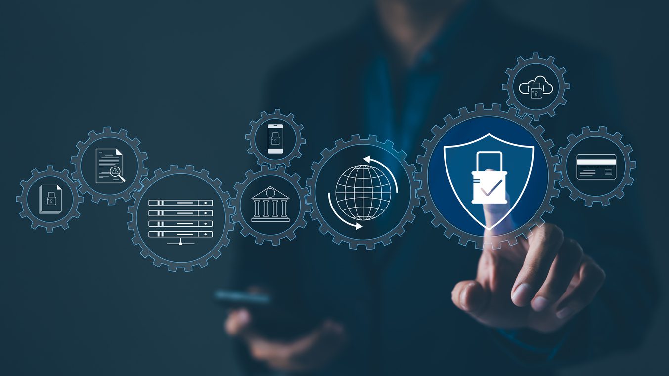 Cybersecurity Management and Data Protection Concept. Showcasing a cyber security management interface with icons representing secure data, cloud storage, and network protection. Encryption privacy,