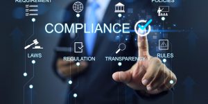 Businessman click on checkmark to applied standards compliance. Concept of legal certification of different countries or procedures for import and export of goods. Submitting document to verified.