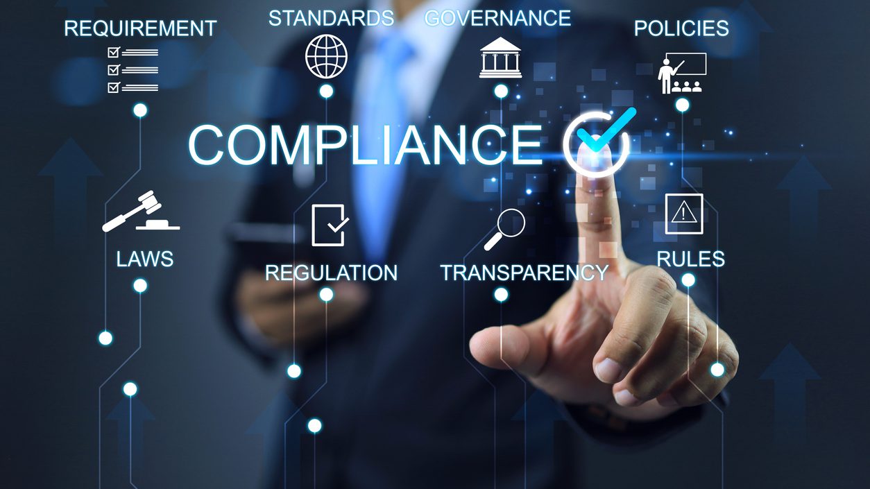 Businessman click on checkmark to applied standards compliance. Concept of legal certification of different countries or procedures for import and export of goods. Submitting document to verified.