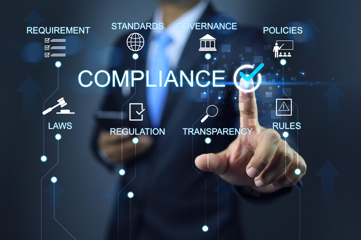 Businessman click on checkmark to applied standards compliance. Concept of legal certification of different countries or procedures for import and export of goods. Submitting document to verified.