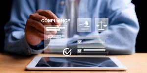 Compliance in business concept. Laws concept. Enforce laws, regulations and standards. requirements, audit diagram on virtual screen.
