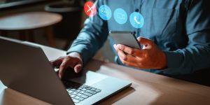 smartphone, mobile, call, communication, phone, online, application, chat, connection, interface. businessman using smartphone with virtual dial padle for application notification alert concept.