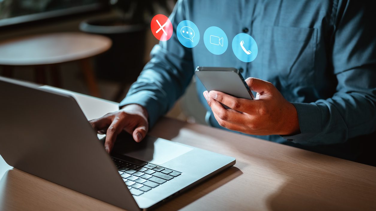 smartphone, mobile, call, communication, phone, online, application, chat, connection, interface. businessman using smartphone with virtual dial padle for application notification alert concept.