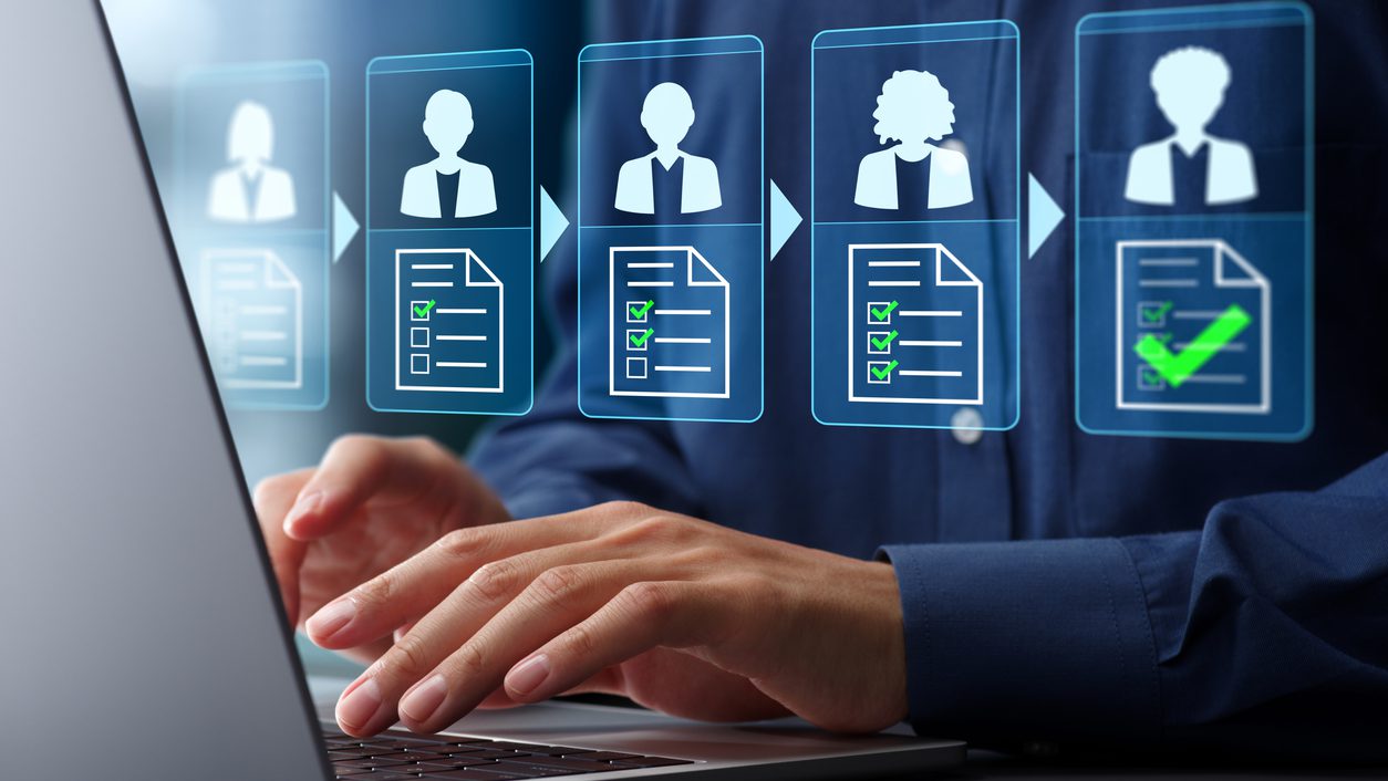 Approval workflow and business process management BPM. Document approval process and completion. Businessman using laptop computer to approve legal documents.