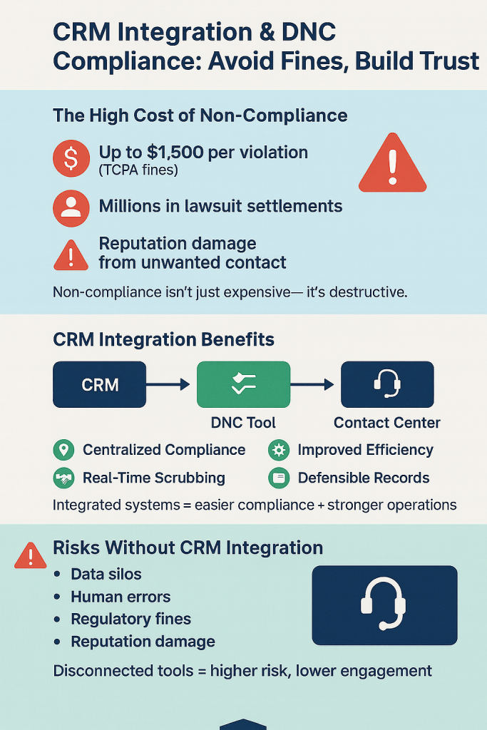 A compliance-focused infographic explaining how integrating a CRM with a DNC tool can prevent fines, lawsuits, and brand damage. It outlines financial and operational risks of non-compliance and contrasts them with benefits like improved efficiency, centralized compliance, and accurate data management.