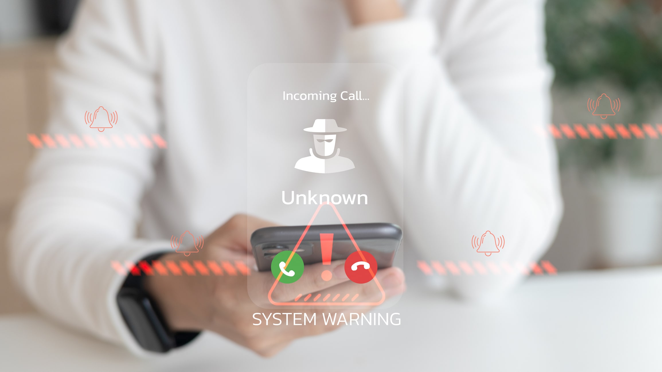 Smartphone shows system warning for incoming unknown call.