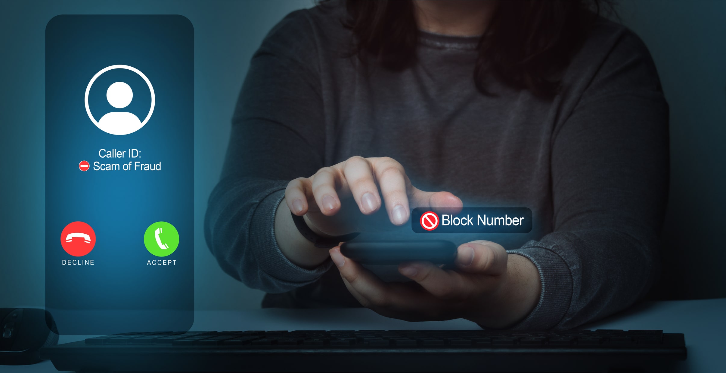 Woman blocking scam call on smartphone