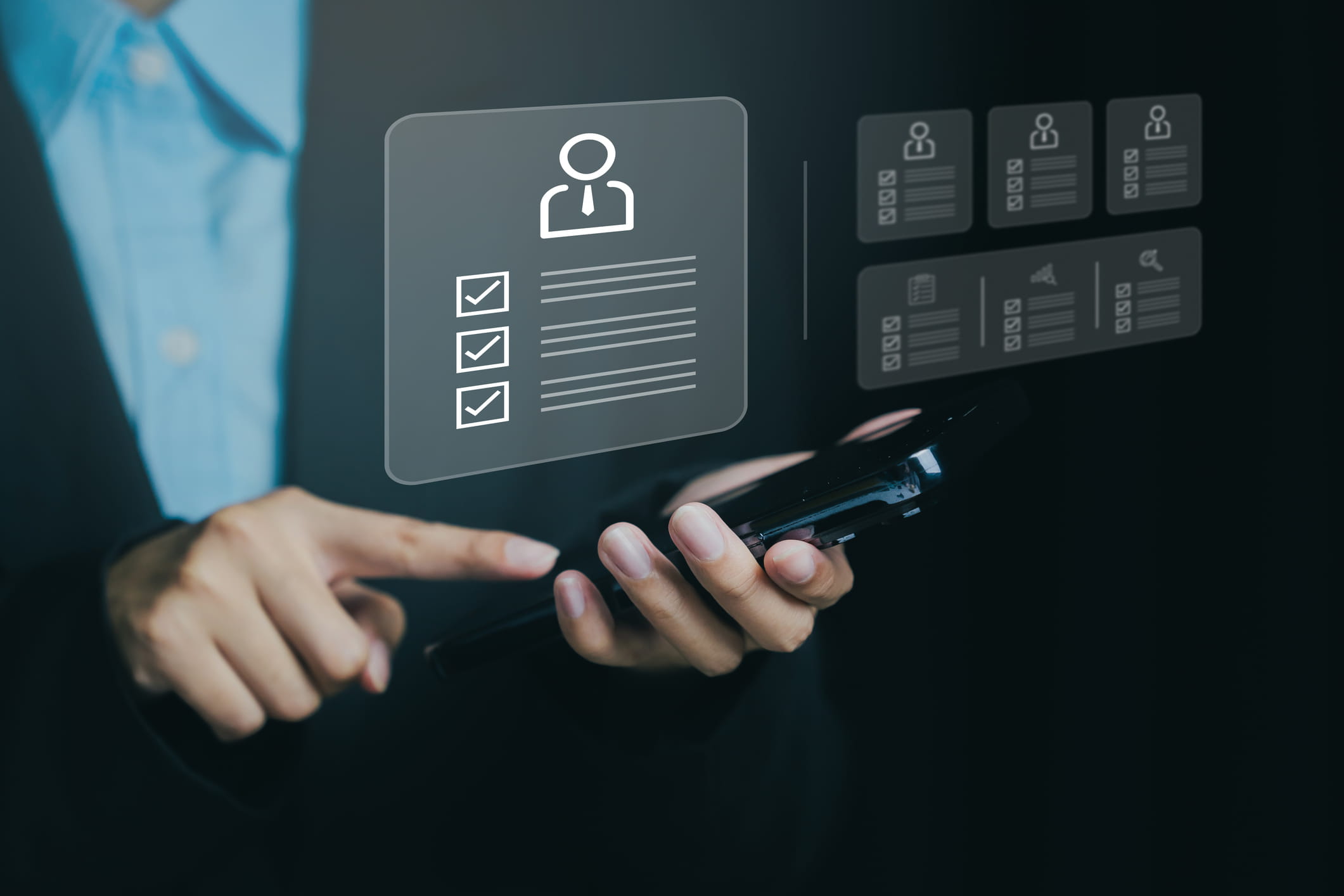 Close-up of a person using a smartphone with digital icons, symbolizing online management and personal data organization