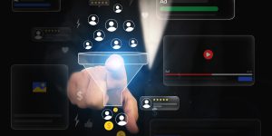 Man touching Leads generation concept with blue glowing light and money on the virtual screen, business backdrop. Customer conversion with digital advertisement concept background