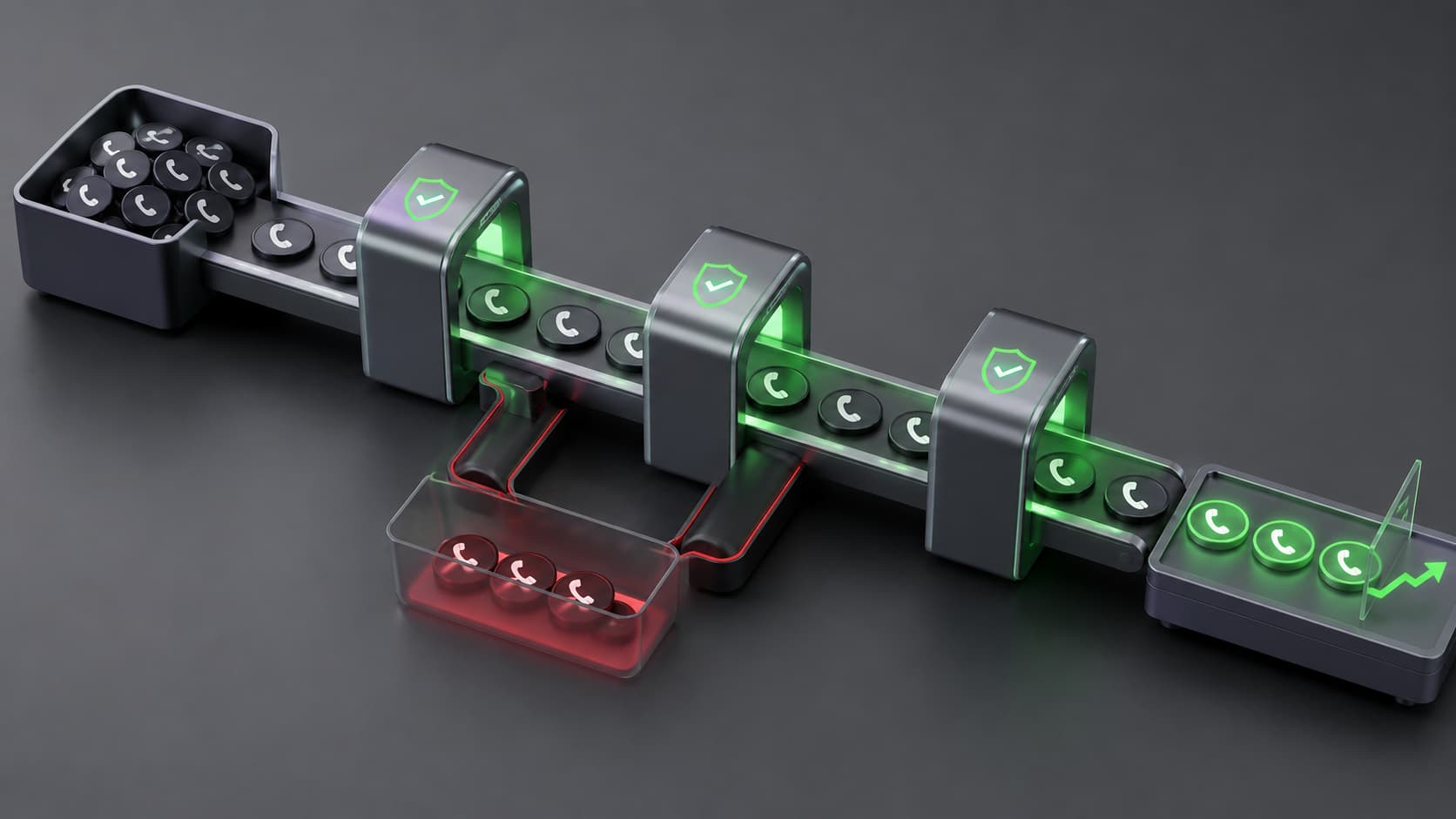 3D assembly line scanning phone contacts through compliance checkpoints with flagged numbers filtered out and approved numbers advancing