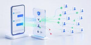3D illustration of SMS messages passing through a compliance filter with approved and blocked contacts representing DNC compliance for text campaigns