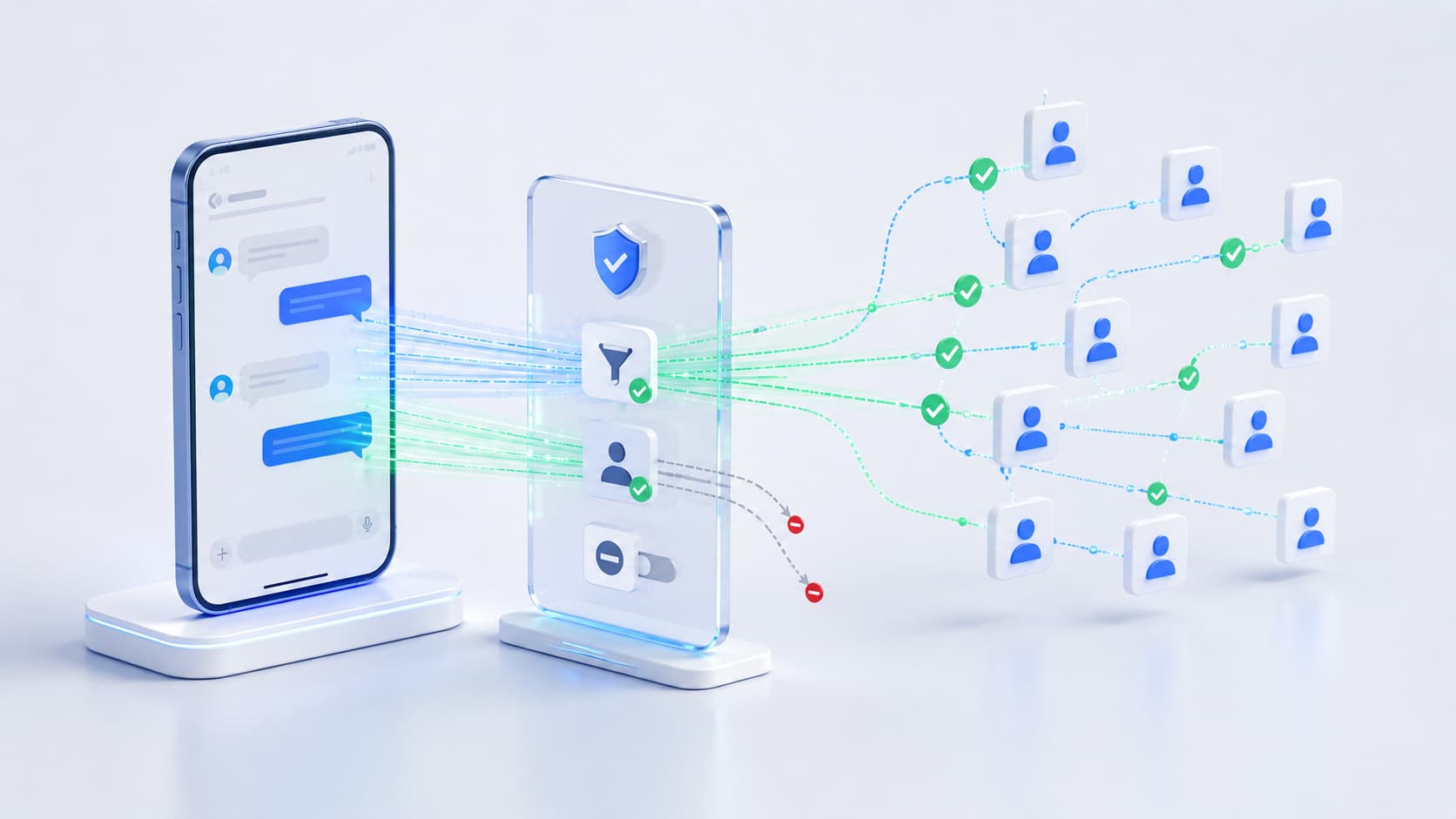 3D illustration of SMS messages passing through a compliance filter with approved and blocked contacts representing DNC compliance for text campaigns