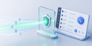 3D illustration of contact data passing through a security shield into a predictive dialer representing real-time DNC protection