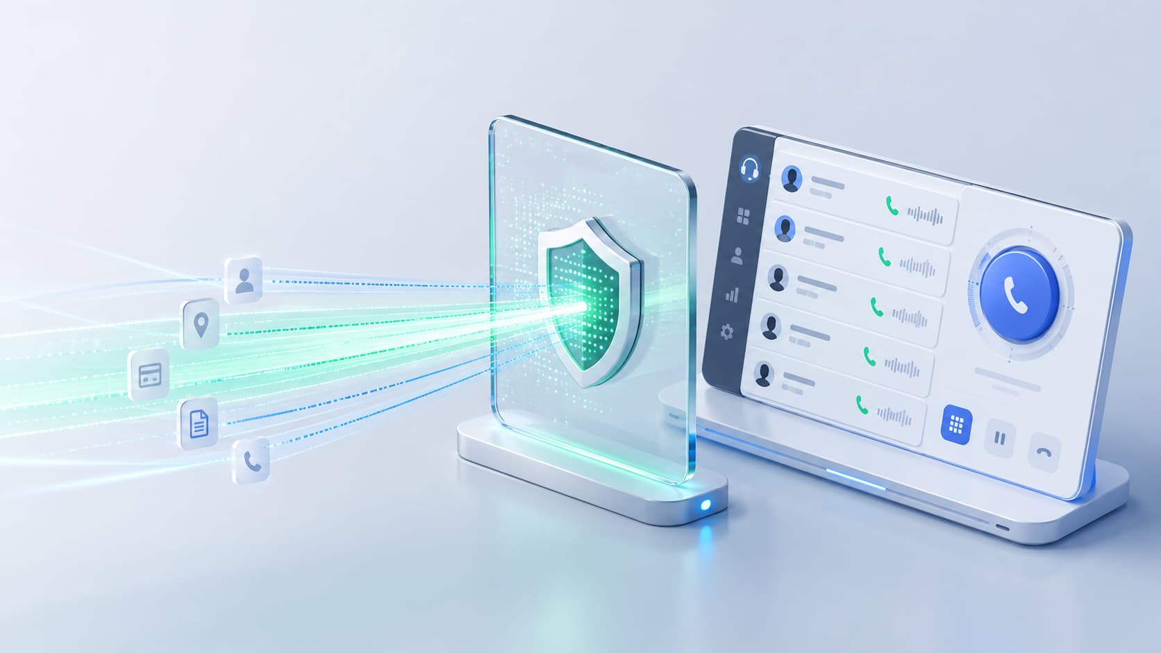 3D illustration of contact data passing through a security shield into a predictive dialer representing real-time DNC protection