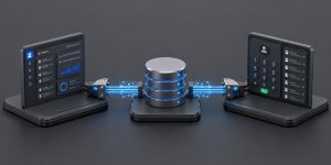 CRM platform and dialer console connected to a central compliance database via API data pipelines representing DNC compliance integration for outbound calling systems
