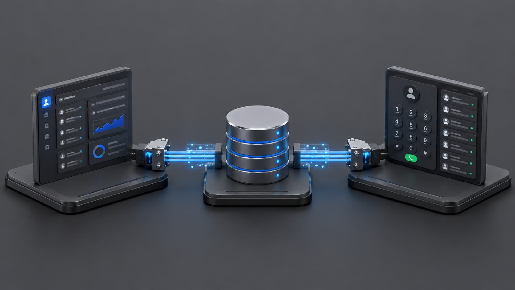 CRM platform and dialer console connected to a central compliance database via API data pipelines representing DNC compliance integration for outbound calling systems