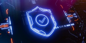 Futuristic neon shield with a checkmark on a digital background