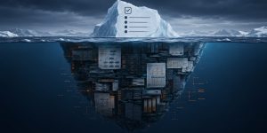 Iceberg showing a compliance checklist above water and hidden server racks and documents below representing the hidden costs of DNC compliance