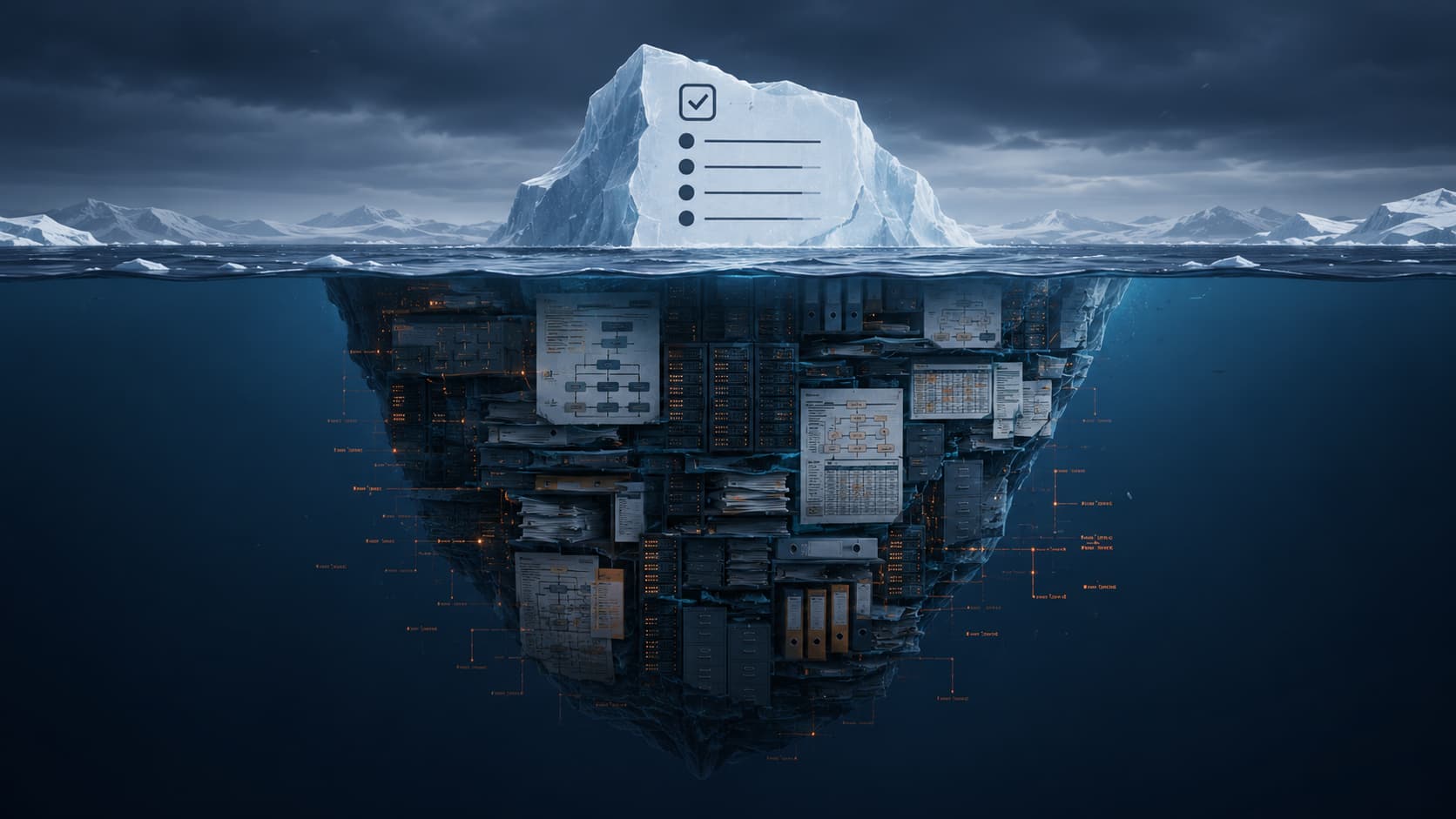 Iceberg showing a compliance checklist above water and hidden server racks and documents below representing the hidden costs of DNC compliance