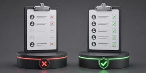 Two contact list clipboards side by side showing incomplete scrubbing coverage on the left and full DNC compliance coverage on the right