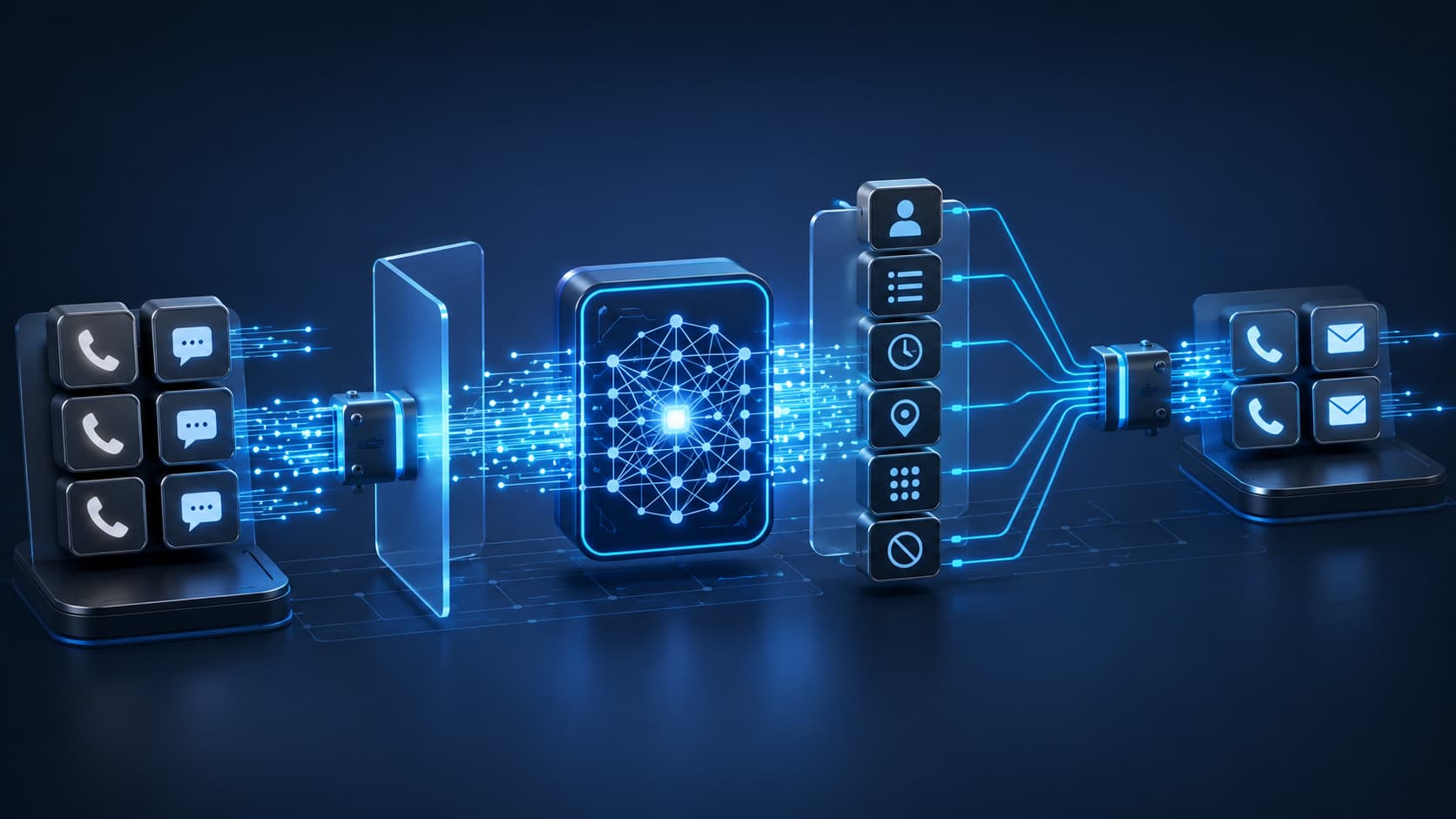 A 3D editorial illustration representing AI-driven real-time compliance enforcement, lit with cool blue directional lighting and crisp highlights