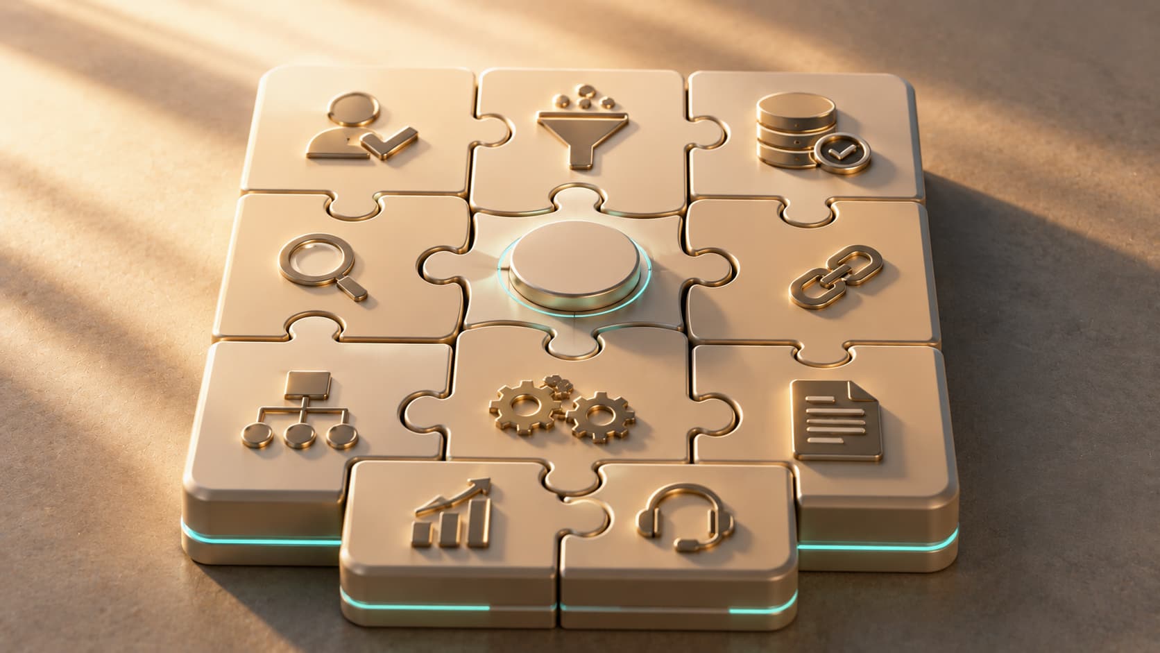 A 3D editorial illustration representing a complete compliance framework built from multiple interlocking pieces, lit with warm morning light and soft directional shadows