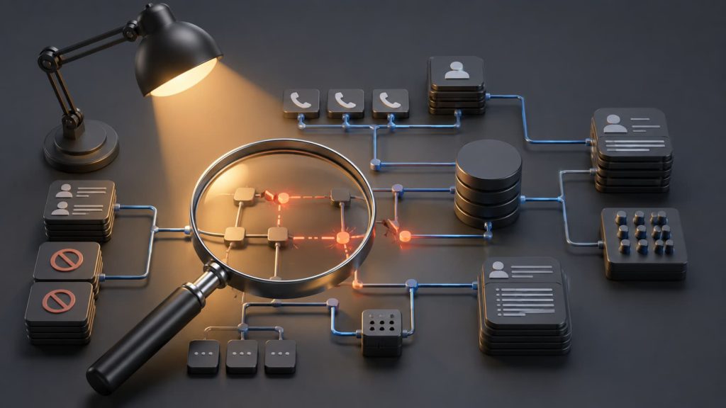 A 3D editorial illustration representing a compliance audit uncovering gaps in an outbound calling program, lit with warm directional lighting like a spotlight or inspection lamp