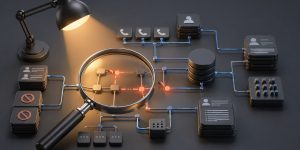 A 3D editorial illustration representing a compliance audit uncovering gaps in an outbound calling program, lit with warm directional lighting like a spotlight or inspection lamp