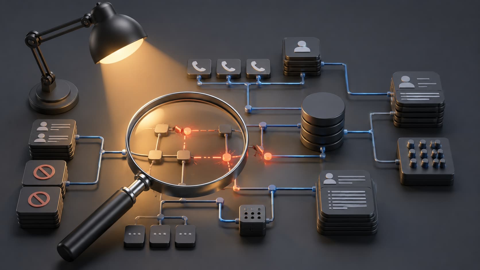 A 3D editorial illustration representing a compliance audit uncovering gaps in an outbound calling program, lit with warm directional lighting like a spotlight or inspection lamp