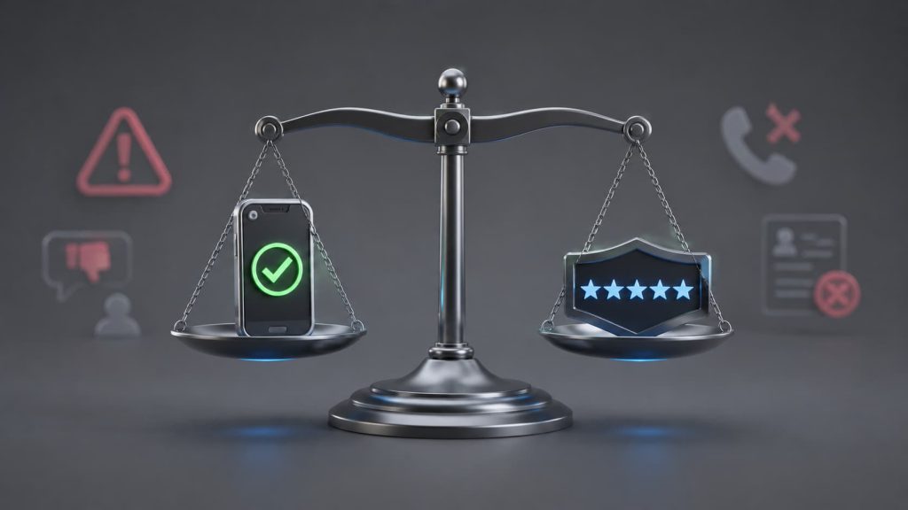 Central visual: a balance scale with a phone or compliance checkmark icon on one side and a star rating or trust badge on the other