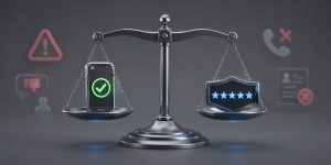 Central visual: a balance scale with a phone or compliance checkmark icon on one side and a star rating or trust badge on the other