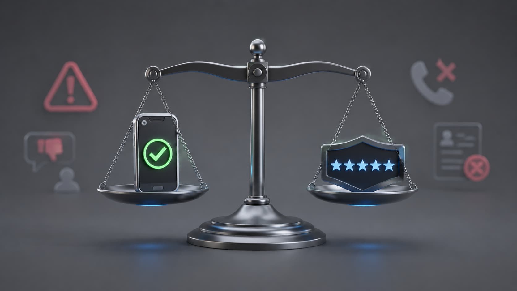 Central visual: a balance scale with a phone or compliance checkmark icon on one side and a star rating or trust badge on the other
