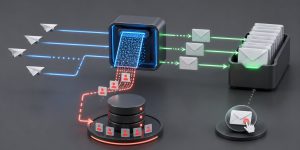 Central visual: an inbox or envelope interface with an automated filter layer between incoming send requests and a master suppression database