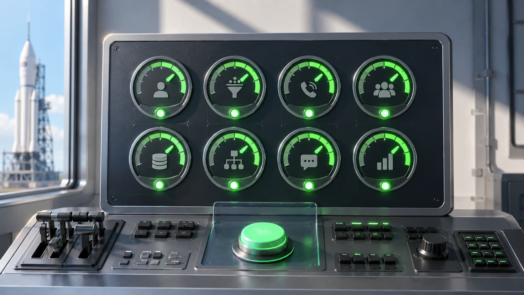 a control dashboard with eight distinct indicator gauges or dials, each glowing green to confirm a different readiness category before a launch sequence begins
